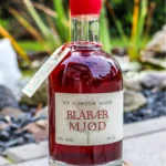 Flaske med blåbær mjød på 35 cl med mørkrød væske og rød forsegling, stående på en sten udendørs ved en vandfontæne.