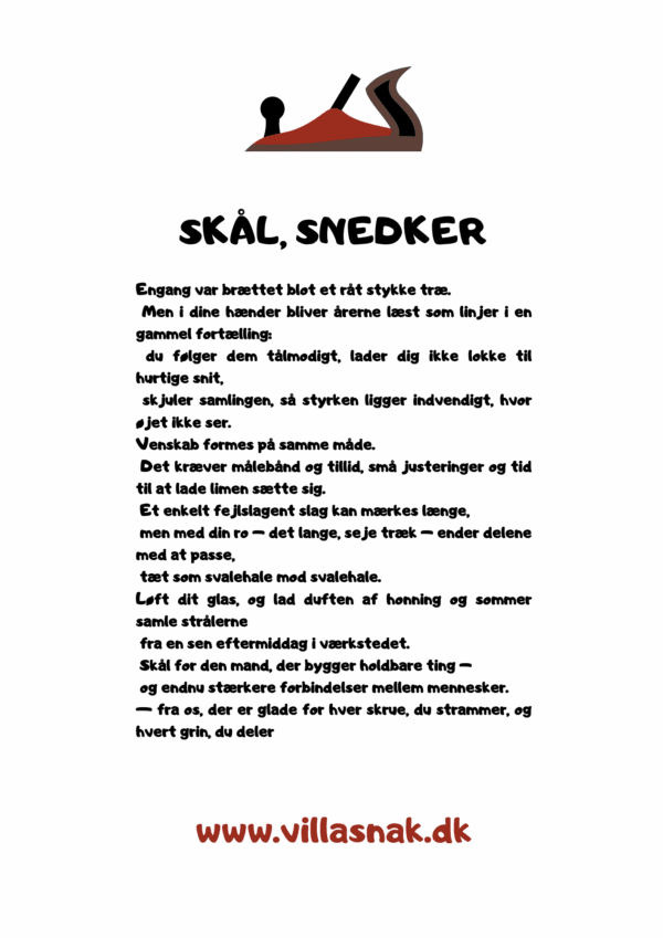 Et indrammet ark papir med teksten 'SKÅL, SNEDKER' øverst og et digt om håndværk og venskab, samt et link nederst.