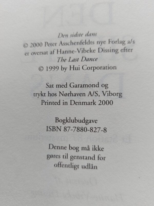 Titelbladet fra 'Den sidste dans' af Ed McBain, med copyright og udgivelsessted Viborg 2000.