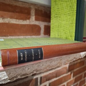 Ryggen af bogen 'Paladset i Beirut' af Mary Stewart på en snørbesat hylde foran en murstensvæg. Brun med sort etiket.