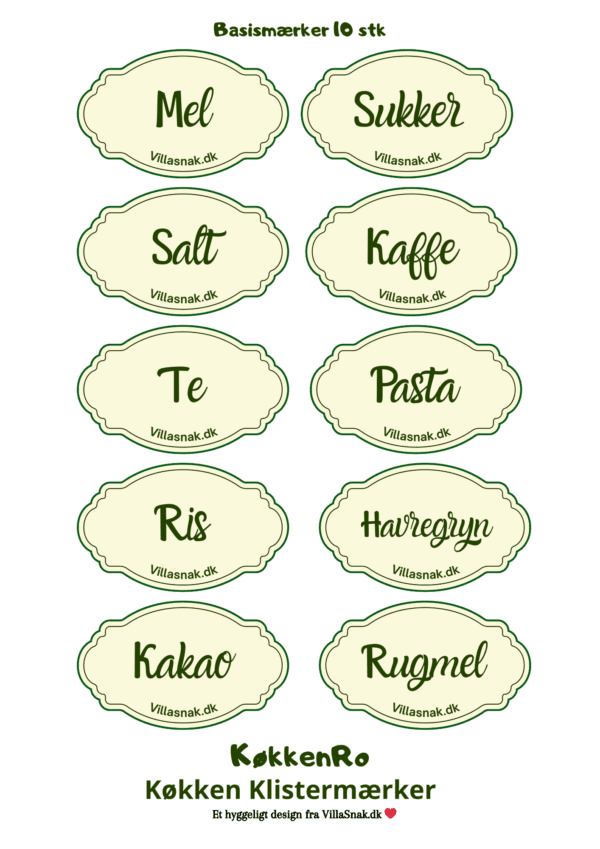 Nærbillede af 10 ovale, cremefarvede køkkenklistermærker med grøn kant til krukker, med teksten 'Mel', 'Sukker', 'Salt', 'Kaffe', 'Te', 'Pasta', 'Ris', 'Havregryn', 'Kakao' og 'Rugmel' på dansk.