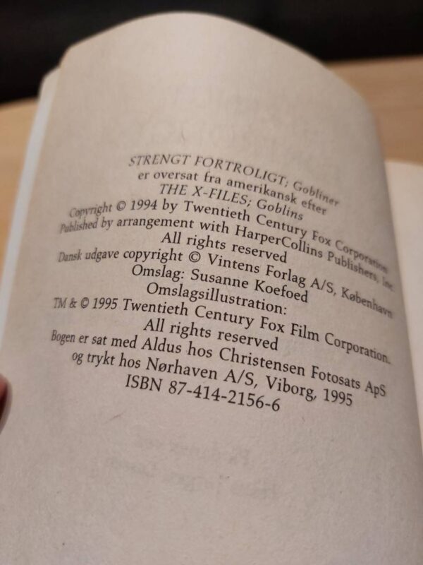 Udgivelsesdetaljer for X-Files bog fra 1995