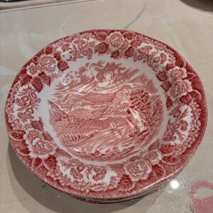 Lys rød engelsk fajance små skål 16 cm med blomster