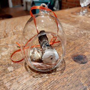 En hængende glaskuppel med orange bånd, indeholdende en rede, en lille fugl og et plettet æg, set fra siden på et træbord.