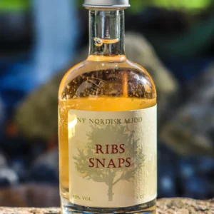 En flaske 'NY NORDISK MJØD RIBS SNAPS' på 5 cl med klar gylden væske, placeret udendørs på en sten med sløret baggrund.