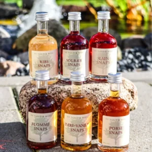 En gaveæske med seks små flasker snaps af forskellig smag (Ribs, Solbær, Slåen, Blomme, Pære-Vanilje, Porse), arrangeret på en stenblok udendørs.