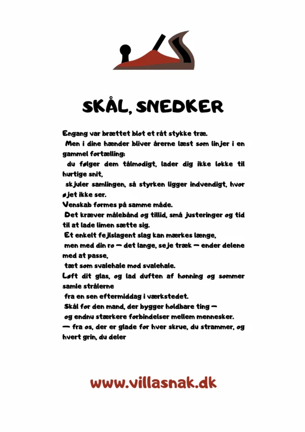 Et indrammet ark papir med teksten 'SKÅL, SNEDKER' øverst og et digt om håndværk og venskab, samt et link nederst.
