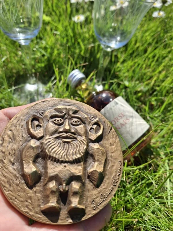 Nærbillede af en bronzemedalje med et hovedmotiv, muligvis Færømedaljen 1980 af Zacharias Heinesen, holdt i en hånd.