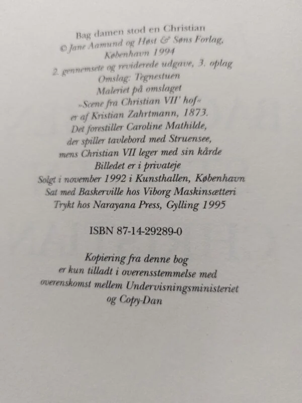 Kolofonside med Jane Aamund, Høst & Søns Forlag, 2. reviderede udgave, 3. oplag, trykkeår 1995 og ISBN 87-14-29289-0.