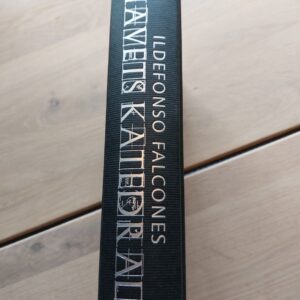 Ryggen af bogen Havets Katedral af Ildefonso Falcones. Teksten er i sølv på en mørkegrøn ryg.