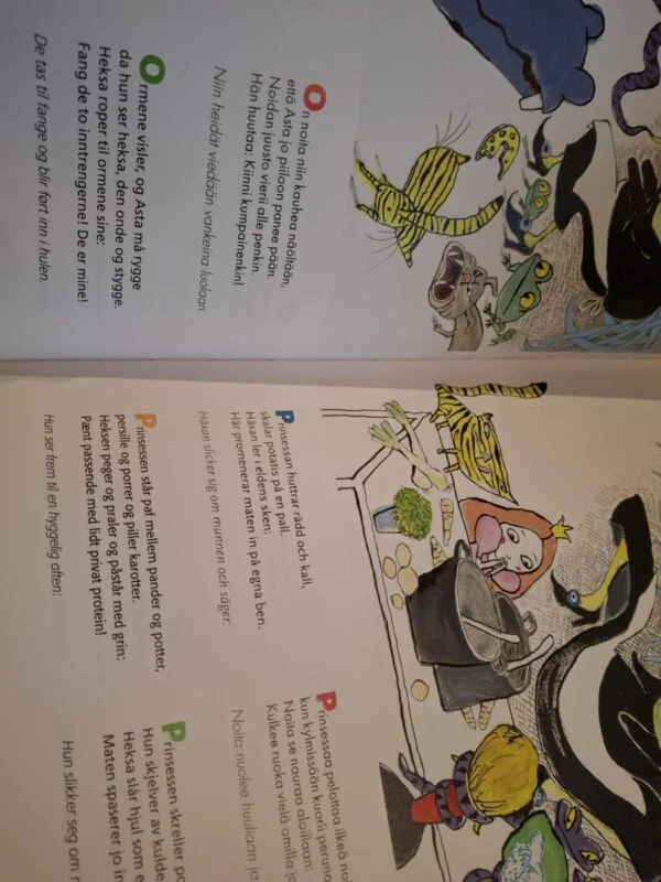 Et opslag fra bogen 'Den Eventyrlige Rejse' med farverige, finurlige illustrationer og tekst på den anden side.