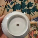 En lys underside med fodring og et lille mørkt mærke, holdt foran en papirparaply med blomstermotiv.
