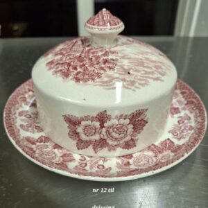 Engelsk lågkrukke/fad i hvid fajance med rød transferprint af blomster. God stand.