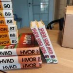 En samling af 'Hvem Hvad Hvor' årbøger i forskellige farver og størrelser, stående på et træbord foran en døråbning.