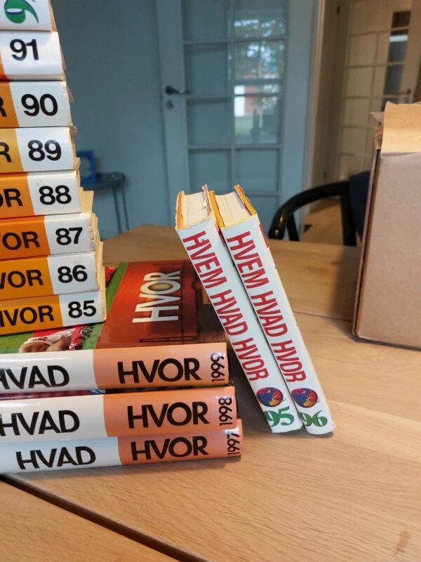 En samling af 'Hvem Hvad Hvor' årbøger i forskellige farver og størrelser, stående på et træbord foran en døråbning.