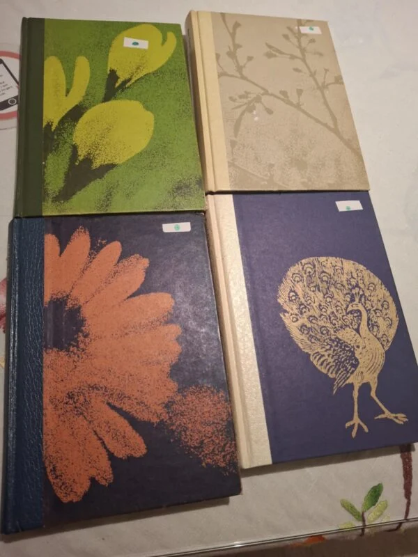 Fire klassiske bøger set fra rygsiden, med titler som 'Mine 1001 Dage', 'Hvem Er Ruth?', 'Farlige Juveler' og 'Gøgeungen' i guldeftertryk.