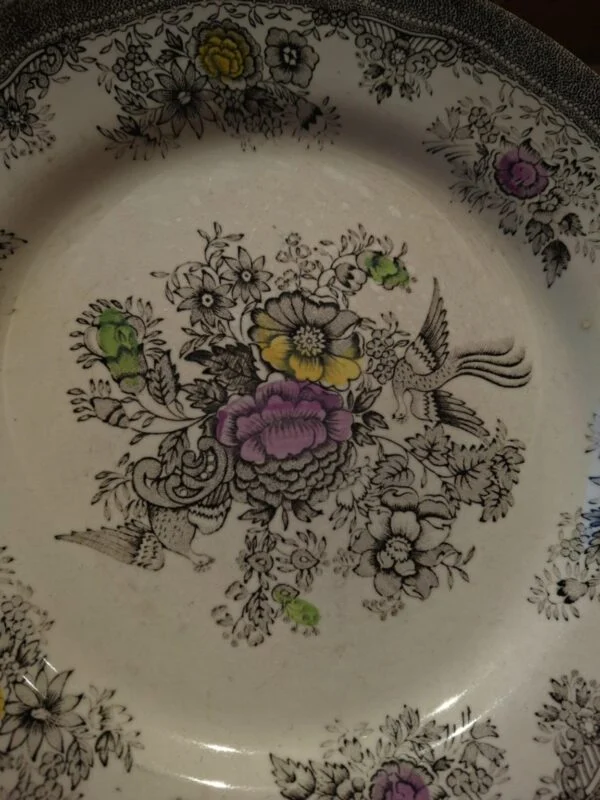 Nærbillede af fugle, sort blomstermønster og lilla, gule og grønne farvefelter på en Egersund-tallerken.