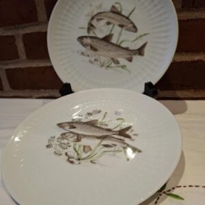 To hvide, runde Bavaria Schumann Arzberg tallerkener i porcelæn med fiskemotiver og reliefkant. Den øverste viser to ørreder, den nederste to hvidfisk.