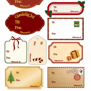 Et ark med forskellige 'Til og Fra' julegavemærker i klassisk design, herunder røde, gyldne og brune klistermærker med julemotiver.