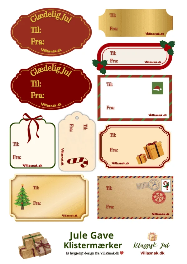 Et ark med forskellige 'Til og Fra' julegavemærker i klassisk design, herunder røde, gyldne og brune klistermærker med julemotiver.