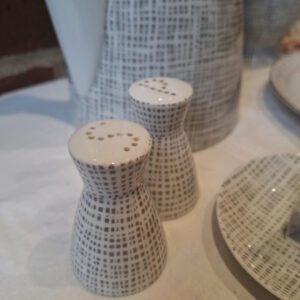 Nærbillede af to Rosenthal salt- og peberbøsser i hvid porcelæn med gråt grafisk mønster og små huller i toppen.