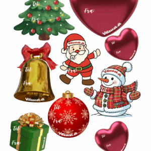 Et ark med VillaSnaks 'Til og Fra' julegave klistermærker. Motiver inkluderer juletræ, julemænd, snemand, julekugle og hjerter.