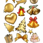 Et ark med forskellige juleklistermærker i guld, herunder julekugler, rensdyr, sløjfer, hjerte, stjerne og juletræer.
