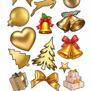 Et ark med forskellige juleklistermærker i guld, herunder julekugler, rensdyr, sløjfer, hjerte, stjerne og juletræer.