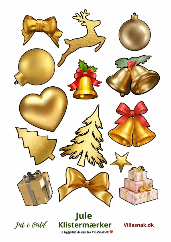 Et ark med forskellige juleklistermærker i guld, herunder julekugler, rensdyr, sløjfer, hjerte, stjerne og juletræer.