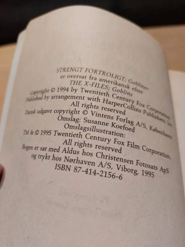 Udgivelsesdetaljer for X-Files bog fra 1995