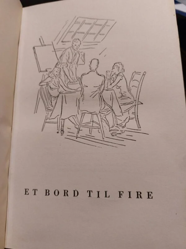 Illustration af fire personer ved et bord, 'Et Bord til Fire'