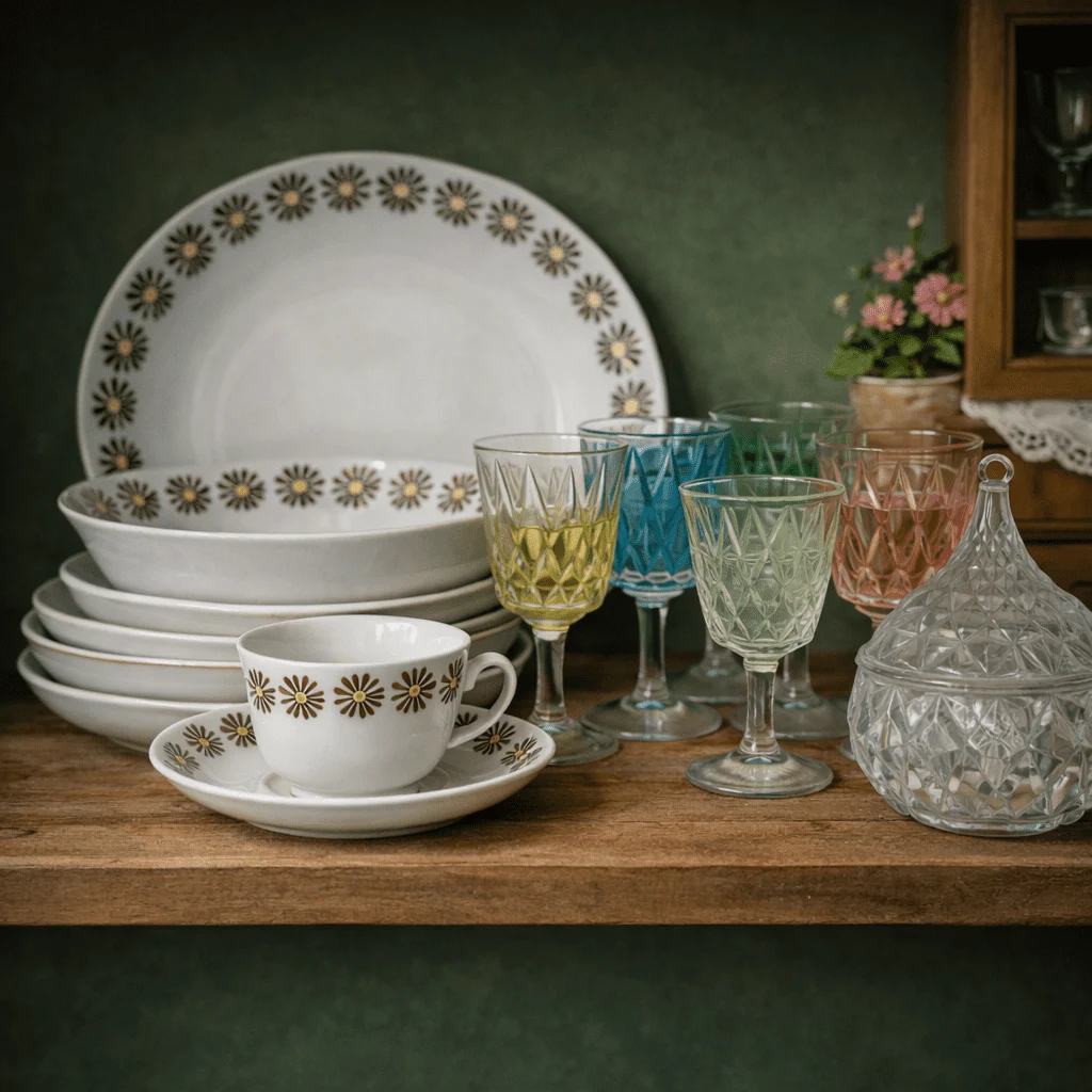 Stemningsbillede med vintagekopper, glas og porcelæn