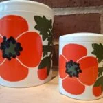 To dåser med store orange blomster på lys baggrund
