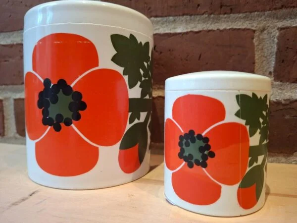 To dåser med store orange blomster på lys baggrund