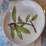 Porcelænstallerken med frugtillustration og grønne blade