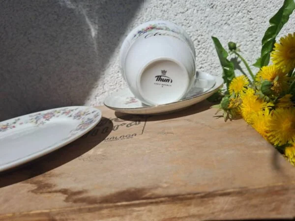 Flad tallerken og kop med blomsterdetaljer fra Thun