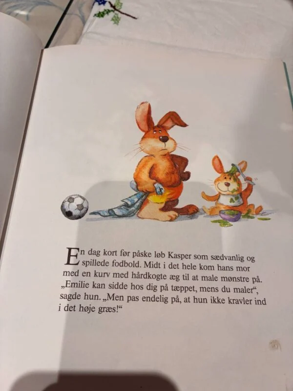 Illustration af Kasper Kanin og kaninunge med farverige detaljer i børnebogen