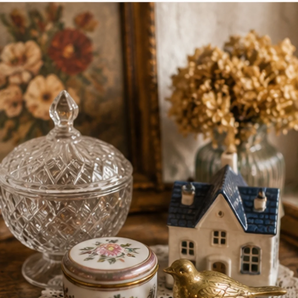 Stemningsbillede med krystalglas, porcelænshus og små vintagefund