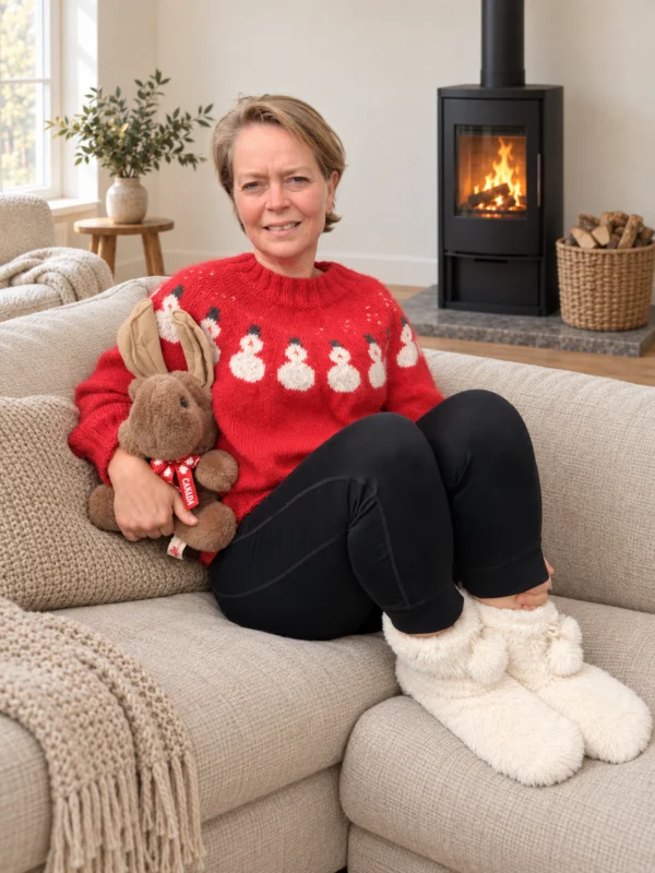 Rød snemandstrøje vist i en lys sofa ved en brændeovn.