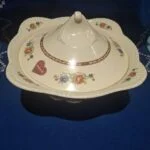 Flødefarvet Woods Ivory Ware skål med låg set skråt ovenfra
