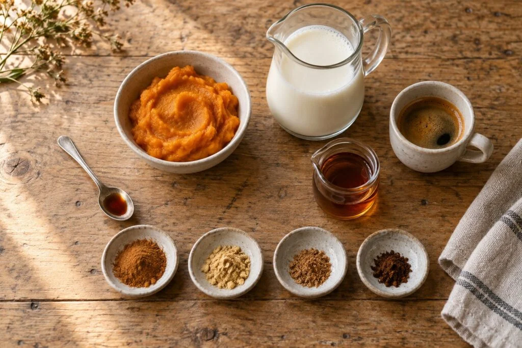Græskarpuré, mælk, espresso, ahornsirup, vanilje og varme krydderier på et køkkenbord.