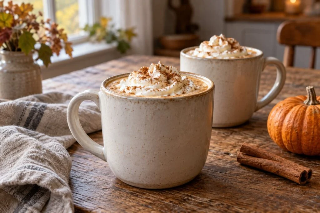 To kopper pumpkin spice latte med flødeskum og kanel på et træbord med græskar.