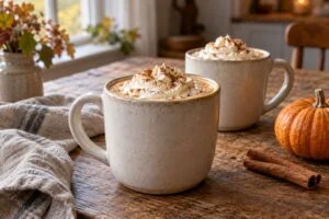 To kopper pumpkin spice latte med flødeskum og kanel på et træbord med græskar.