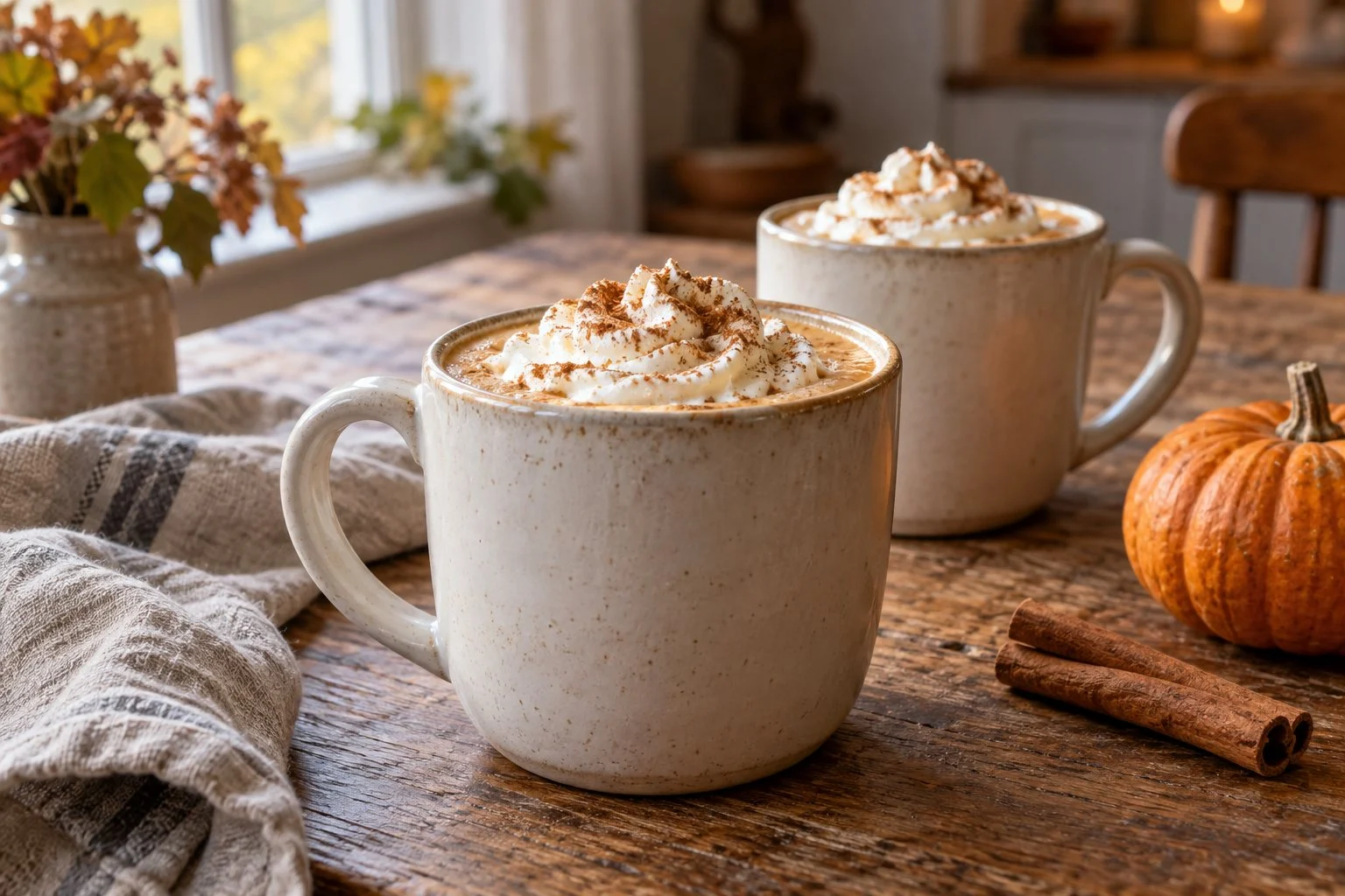 To kopper pumpkin spice latte med flødeskum og kanel på et træbord med græskar.