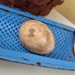 Pynteæg i varme beige nuancer med afrundede lyse og gyldne mønstre