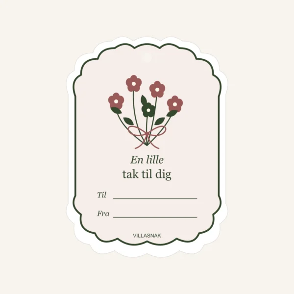 Gavemærker med blomster – nærbillede af hilsnen En lille tak til dig
