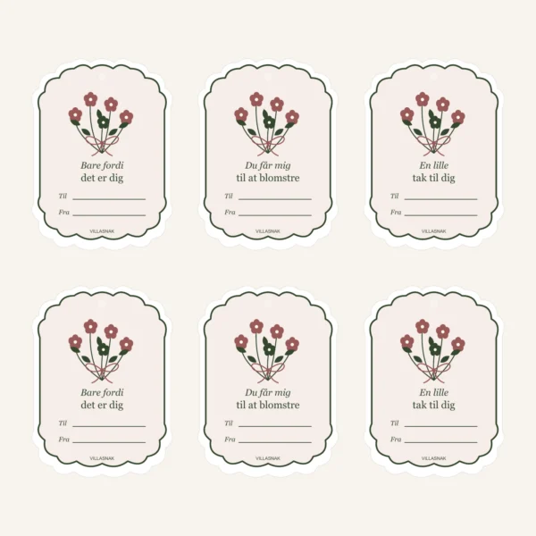 Gavemærker med blomster – Blomsterpost, seks mærker med to af hver hilsen