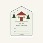 Julegavemærker med hus – nærbillede af hilsnen Jul fra vores lille hus