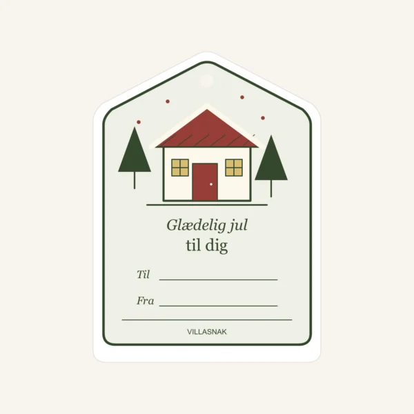 Julegavemærker med hus – nærbillede af hilsnen Glædelig jul til dig