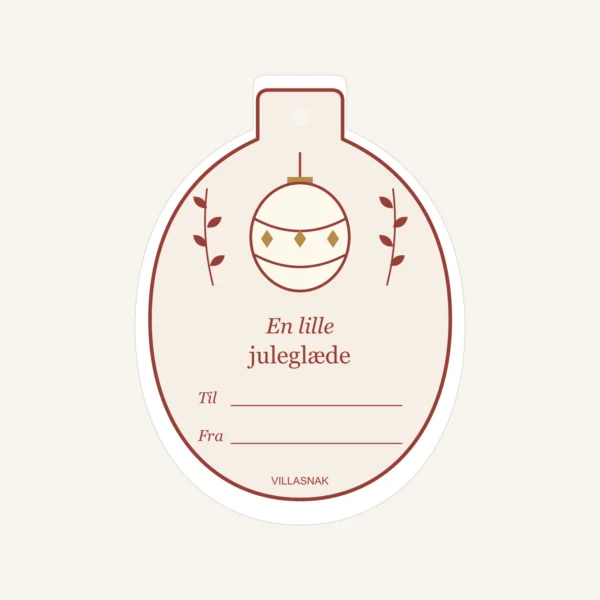 Julegavemærker med julekugler – nærbillede af hilsnen En lille juleglæde